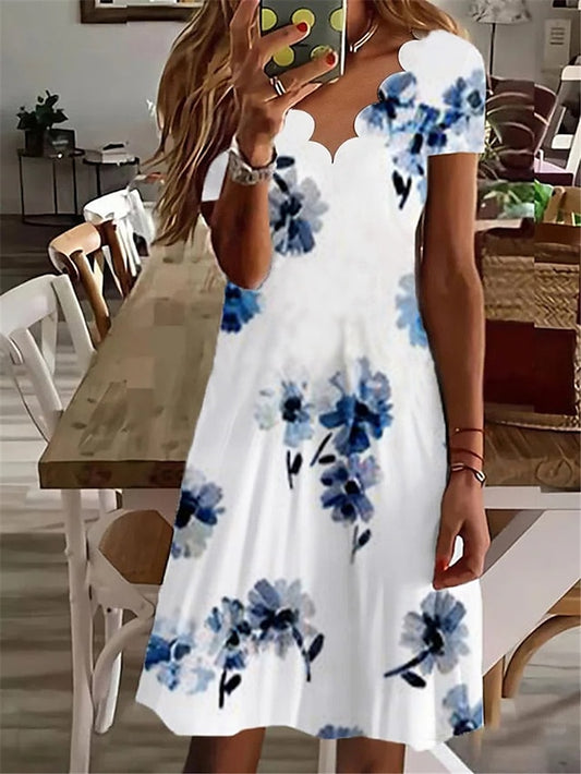 Women's Dress - Casual Dress Shift Dress Midi Dress White Navy Blue Blue Short Sleeve Floral Print Spring Summer V Neck Vacation 2023 S M L XL XXL 3XL