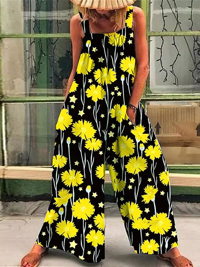 Jumpsuits for Women Summer Overall Pocket Print Floral Square Neck Casual Daily Holiday Regular Fit Sleeveless Black Yellow Blue S M L - LuckyFash™