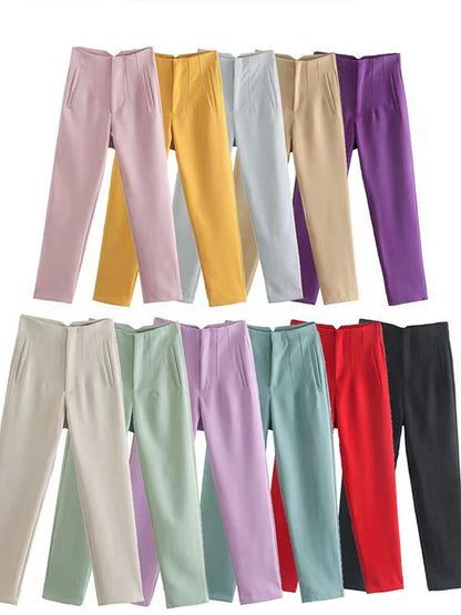 Women's Dress Pants Polyester Solid Color claret Orange red Fashion High Waist Full Length Office Street Fall Winter