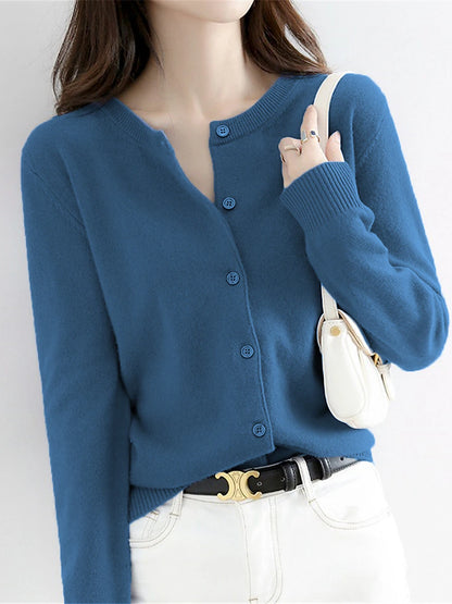 Women's Cardigan Sweater Jumper Ribbed Knit Button Solid Color Crew Neck Stylish Casual Outdoor Daily Autumn Winter Wine Red Big red S M L