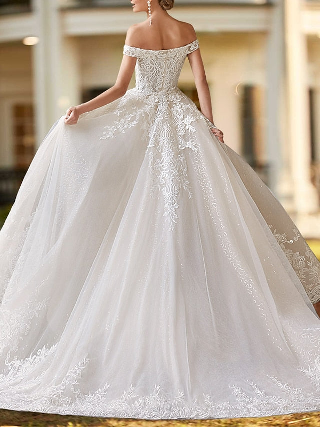 Engagement Formal Wedding Dresses Two Piece Off Shoulder Cap Sleeve Court Train Satin Bridal Gowns With Beading Appliques 2023 Summer Wedding Party, Women's Clothing - LuckyFash™