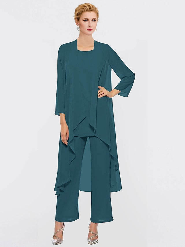 Jumpsuit / Pantsuit Mother of the Bride Dress Plus Size Elegant Bateau Neck Floor Length Chiffon Sleeveless Wrap Included with Solid Color 2023 - LuckyFash™
