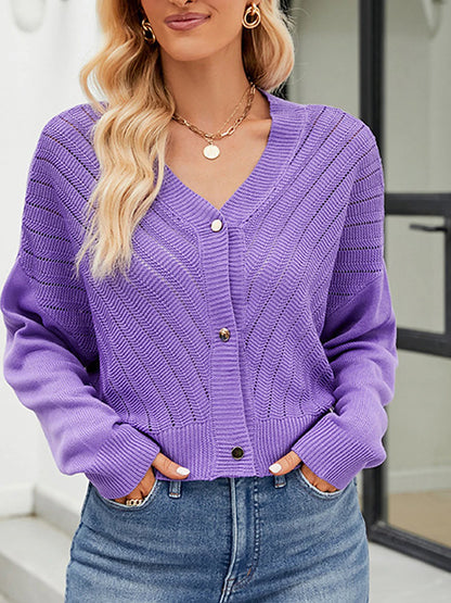 Women's Cardigan Sweater V Neck Ribbed Knit Polyester Button Summer Spring Cropped Daily Going out Weekend Stylish Casual Soft Long Sleeve Solid Color Blue Purple Green S M L