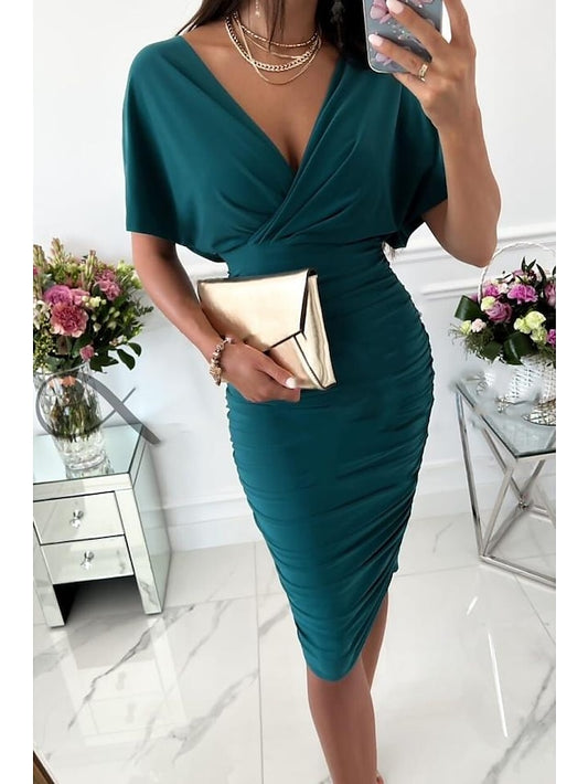 Women's Dress - Bodycon Midi Dress Red Green Beige Short Sleeve Pure Color Patchwork Spring Summer V Neck Stylish 2023 S M L XL XXL