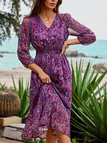 Women's Paisley Metallic Crinkle Chiffon Elastic Waist Midi Dress