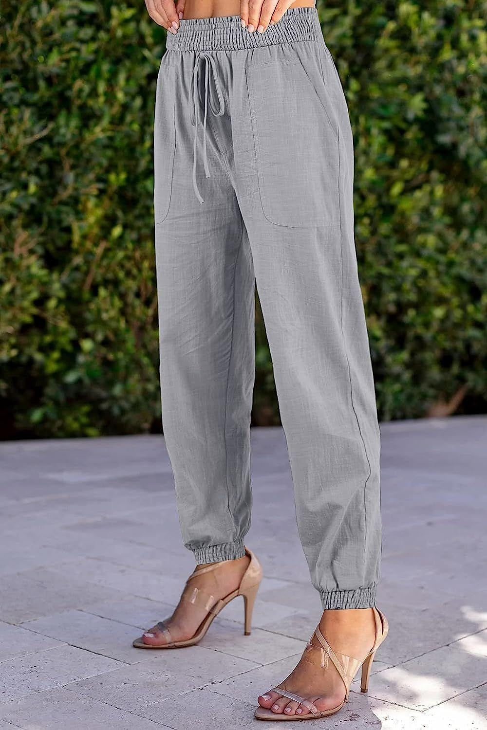 Women's Joggers Faux Linen Plain Black Khaki Fashion High Waist Full Length Street Daily