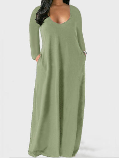 Women's Dress - Plus Size Shift Dress Solid Color Boat Neck Long Sleeve Spring Fall Basic Casual Maxi long Dress Daily Vacation Dress