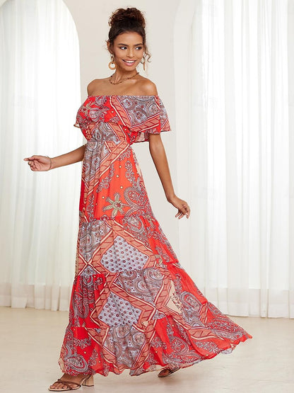 Women's Paisley Maxi Dress Off Shoulder Chiffon A Line Dress Ruffle Trim Boho Vacation Short Sleeve Summer