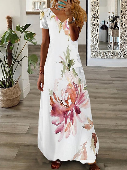 Women's Dress - Long Dress Maxi Dress Casual Dress Print Dress Graphic Floral Fashion Modern Daily Holiday Vacation Short Sleeve V Neck Dress Regular Fit White Pink Wine Summer Spring S M L XL 2XL 3XL 4XL 5XL
