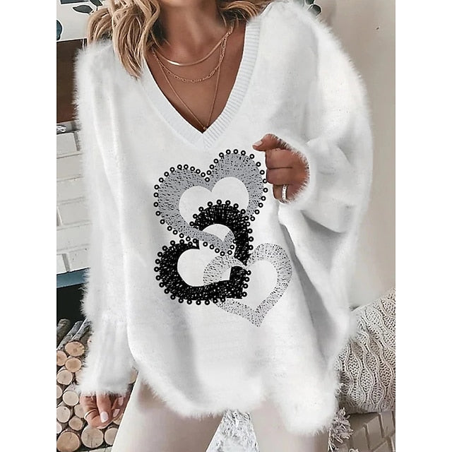 Women's Pullover Sweater Jumper Crew Neck Fuzzy Knit Acrylic Print Drop Shoulder Fall Winter Regular Going out Weekend Stylish Soft Long Sleeve Heart White Pink S M L