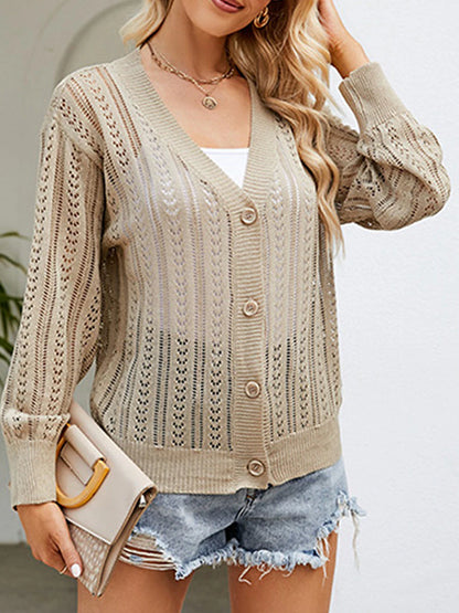 Women's Cardigan Sweater V Neck Crochet Knit Polyester Button Hole Summer Spring Daily Going out Weekend Stylish Casual Soft Long Sleeve Solid Color Purple Green Khaki S M L
