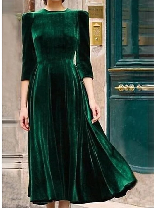 Women's Dress - Semi Formal Party Dress Velvet Dress Green Swing Dress Midi Dress Green 3/4 Length Sleeve Pure Color Velvet Fall Winter Crew Neck Modern 2023 S M L XL 2XL 3XL