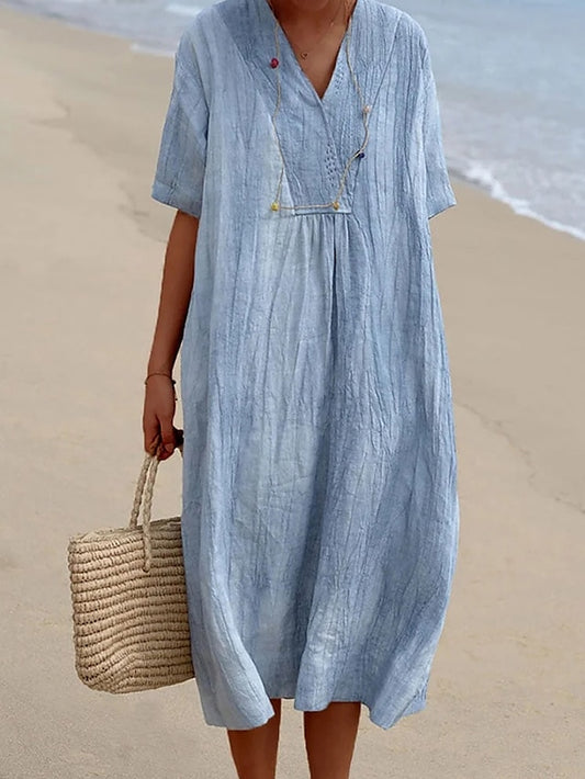 Women's Dress - Casual Dress Shift Dress Plain Dress Plain Pocket V Neck Midi Dress Fashion Basic Outdoor Daily Half Sleeve Loose Fit Blue Dark Green Summer Spring S M L XL 2XL