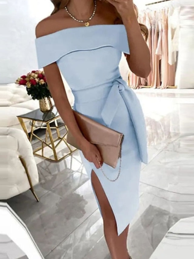 Women's Dress - Party Dress Bodycon Sheath Dress Midi Dress Black Light Green Pink Short Sleeve Pure Color Split Summer Spring Off Shoulder Elegant Wedding Guest Vacation 2023 S M L XL XXL