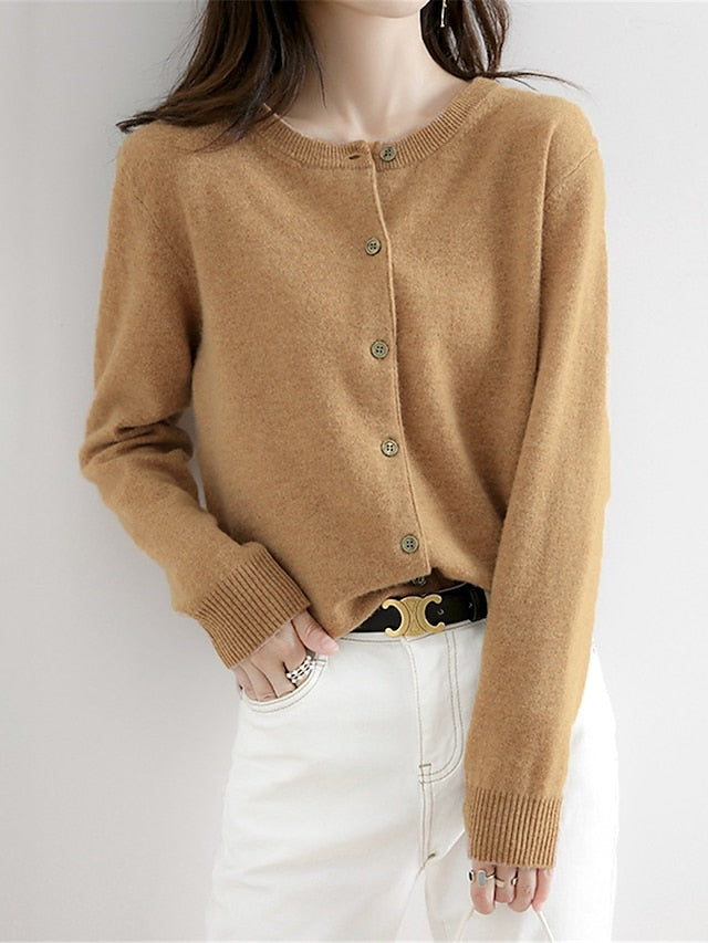 Women's Cardigan Sweater Jumper Ribbed Knit Button Solid Color Crew Neck Stylish Casual Outdoor Daily Autumn Winter Wine Red Big red S M L