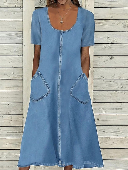 Women's Dress - Denim Dress Casual Dress Midi Dress Denim Classic Casual Outdoor Daily Vacation U Neck Lace Pocket Short Sleeve Summer Spring 2023 Regular Fit Blue Plain S M L XL 2XL