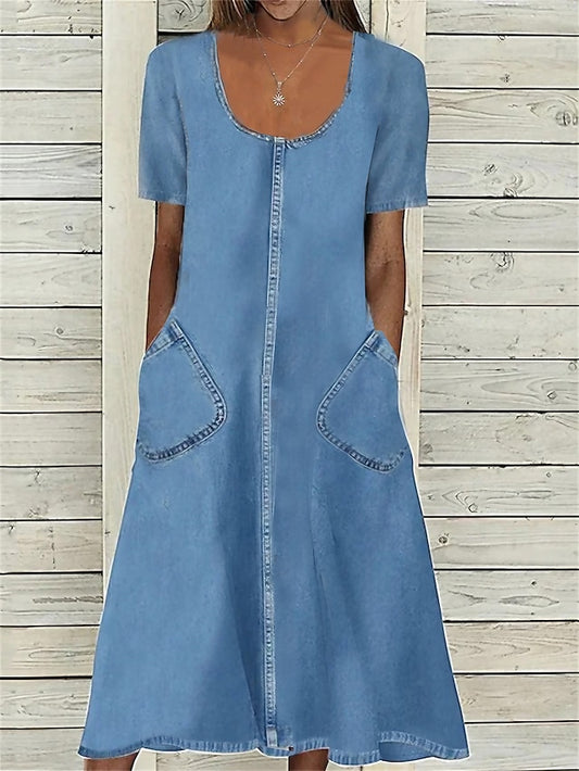 Women's Dress - Denim Dress Casual Dress Midi Dress Denim Classic Casual Outdoor Daily Vacation U Neck Lace Pocket Short Sleeve Summer Spring 2023 Regular Fit Blue Plain S M L XL 2XL