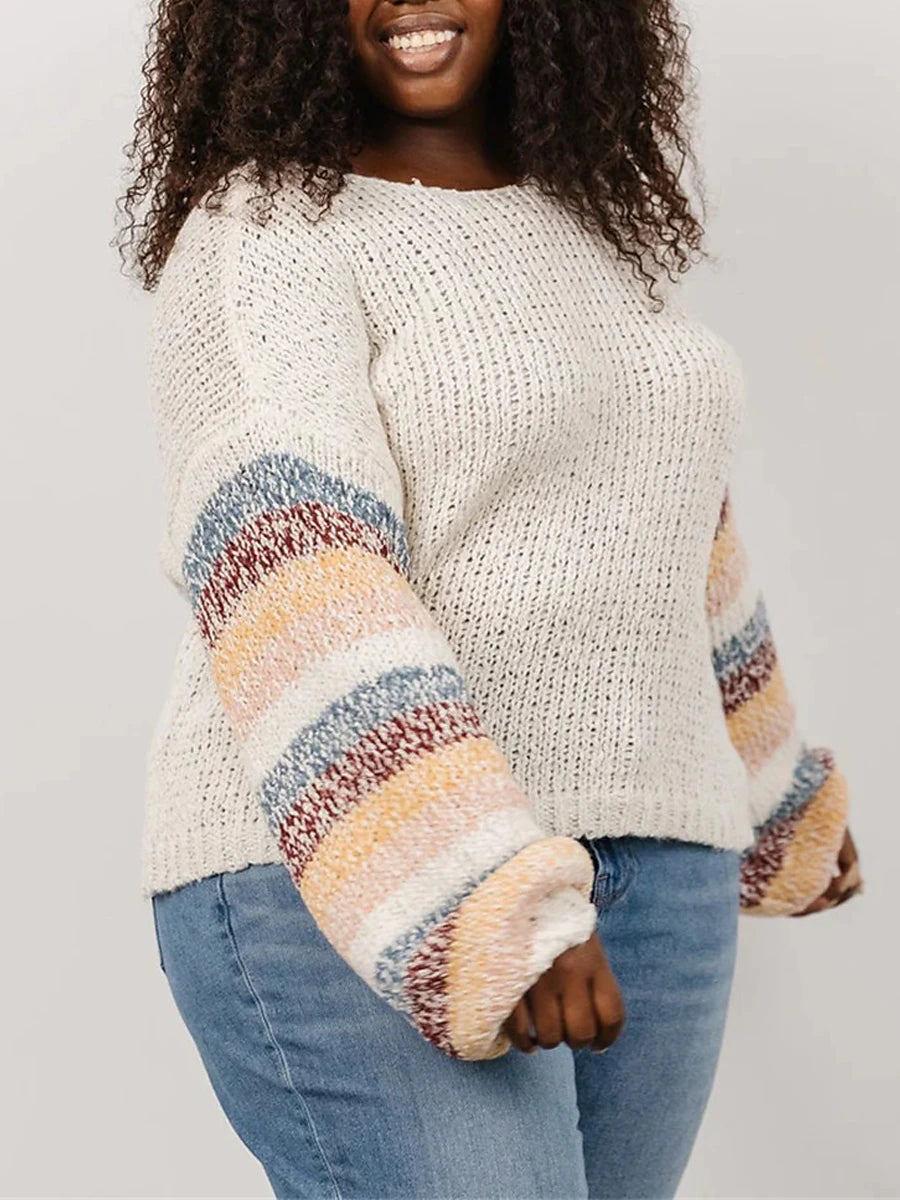 Women's Plus Size Pullover Sweater Jumper Crew Neck Ribbed Knit Polyester Patchwork Fall Winter Regular Outdoor Going out Weekend Stylish Plus Size Casual Long Sleeve Striped White XS S M