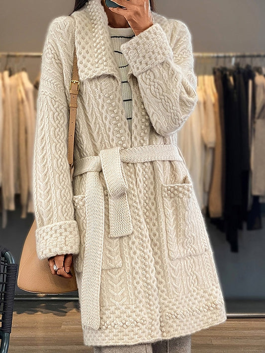 Women's Cardigan Sweater Jumper Cable Knit Long Lace up Button Solid Color Shirt Collar Stylish Casual Outdoor Holiday Fall Winter Beige S M L