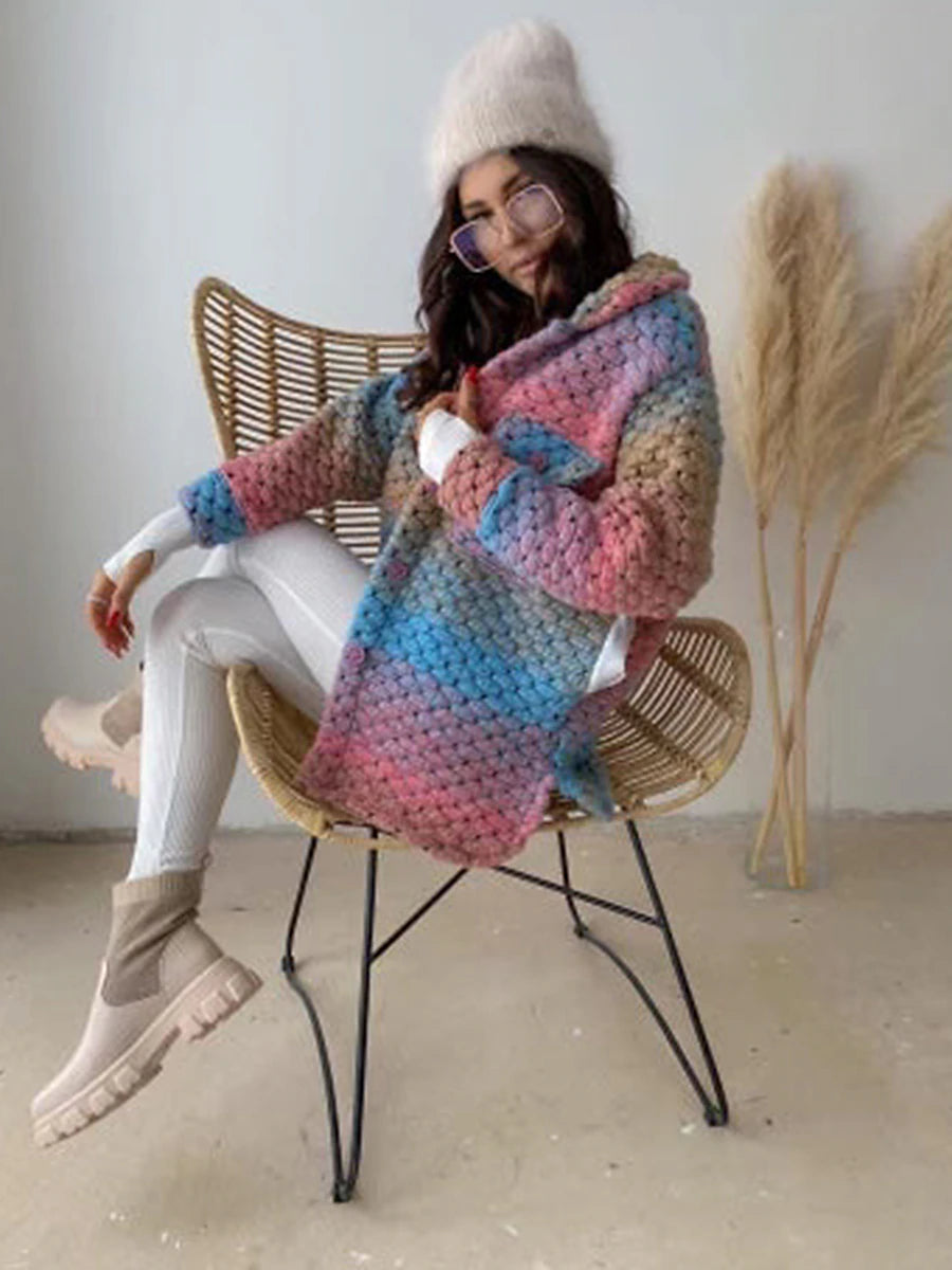 Women's Cardigan Sweater Shirt Collar Chunky Crochet Knit Polyester Pocket Knitted Fall Winter Long Outdoor Daily Going out Stylish Casual Soft Long Sleeve Color Gradient Purple S M L