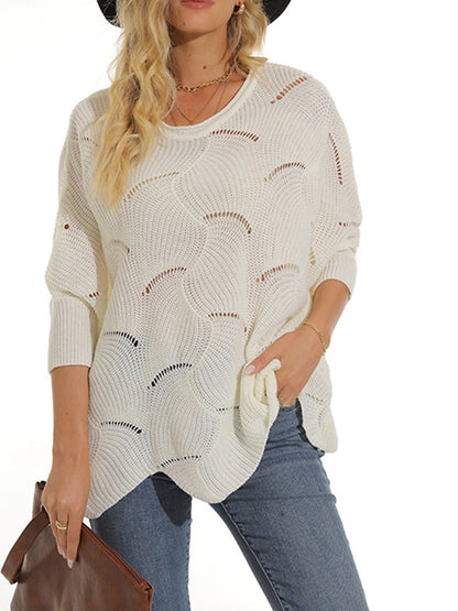 Women's Pullover Sweater Jumper Crew Neck Ribbed Knit Acrylic Hole Summer Spring Daily Going out Weekend Stylish Casual Soft 3/4 Length Sleeve Solid Color Black White Yellow S M L