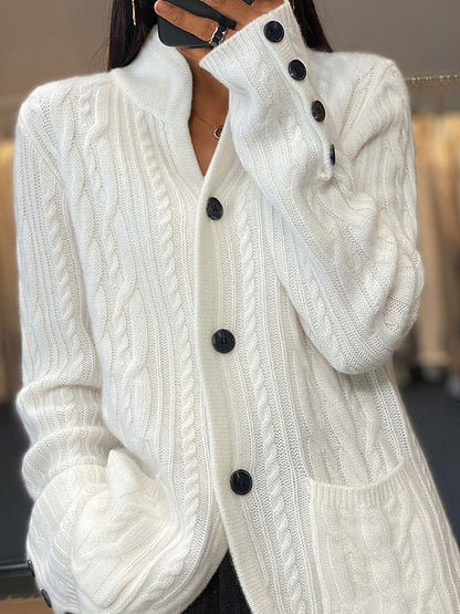 Women's Cardigan Sweater V Neck Cable Knit Polyester Button Pocket Fall Winter Short Daily Going out Weekend Stylish Casual Soft Long Sleeve Solid Color White Camel Brown S M L