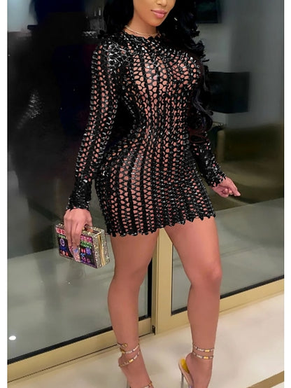 Women's Dress - Party Dress Holiday Dress Bodycon Mini Dress Silver Black Red Long Sleeve Pure Color Hollow Out Spring Fall Winter Crew Neck Fashion Winter Dress Fall Dress Spring Dress 2022 S M L XL XXL