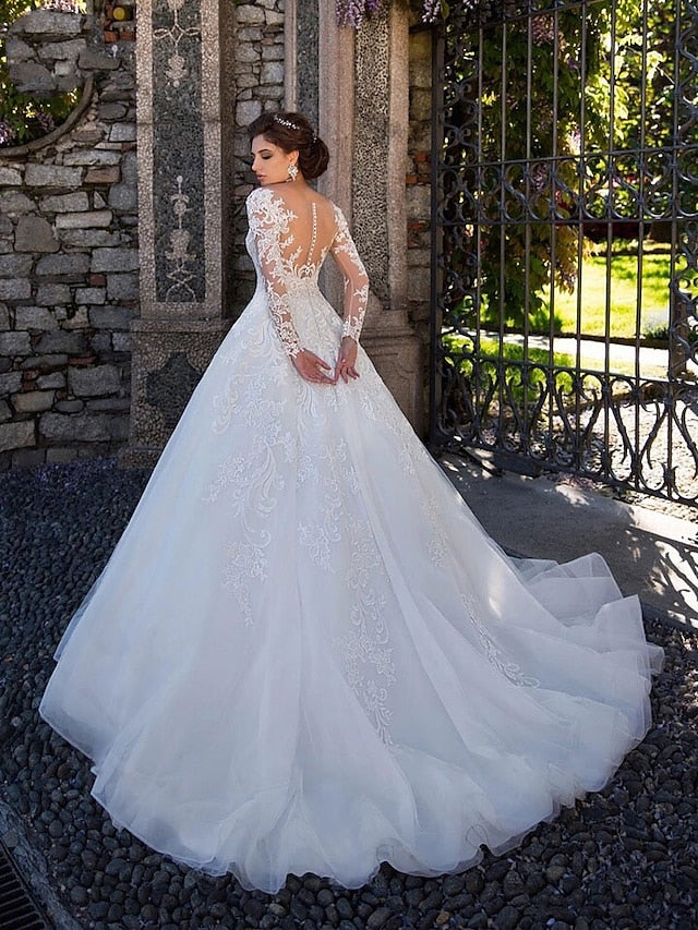 Engagement Formal Wedding Dresses Ball Gown Illusion Neck Long Sleeve Court Train Lace Bridal Gowns With Lace Appliques 2023 Summer Wedding Party, Women's Clothing - LuckyFash™