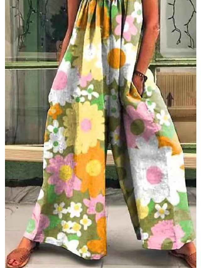 Jumpsuits for Women Summer Print Floral Strap Ordinary Straight Regular Fit Sleeveless Green Blue M L XL Spring - LuckyFash™