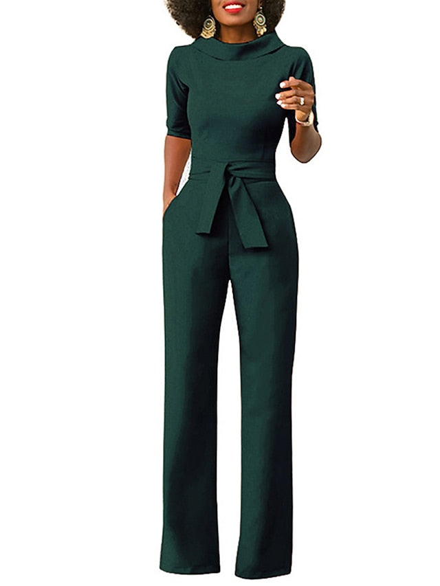 Jumpsuits for Women Summer Dressy Clean Fit Pocket High Waist Solid Color Stand Collar Business Office Work Regular Fit Half Sleeve Black White Yellow S M L - LuckyFash™