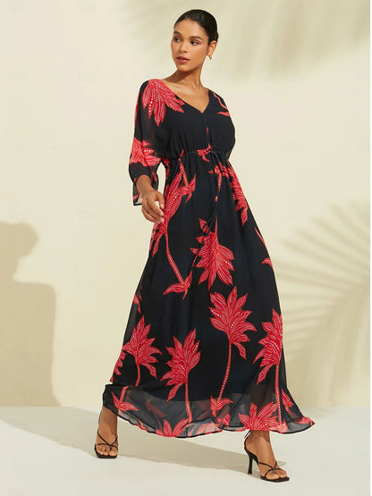 Chiffon Leaf Flower Print V Neck Maxi Dress