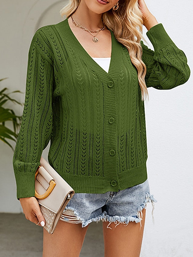 Women's Cardigan Sweater V Neck Crochet Knit Polyester Button Hole Summer Spring Daily Going out Weekend Stylish Casual Soft Long Sleeve Solid Color Purple Green Khaki S M L