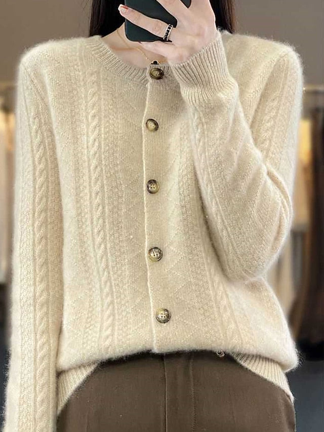 Women's Cardigan Stand Collar Ribbed Knit Polyester Button Knitted Fall Winter Regular Outdoor Daily Going out Stylish Casual Soft Long Sleeve Solid Color Wine Camel Purple One-Size