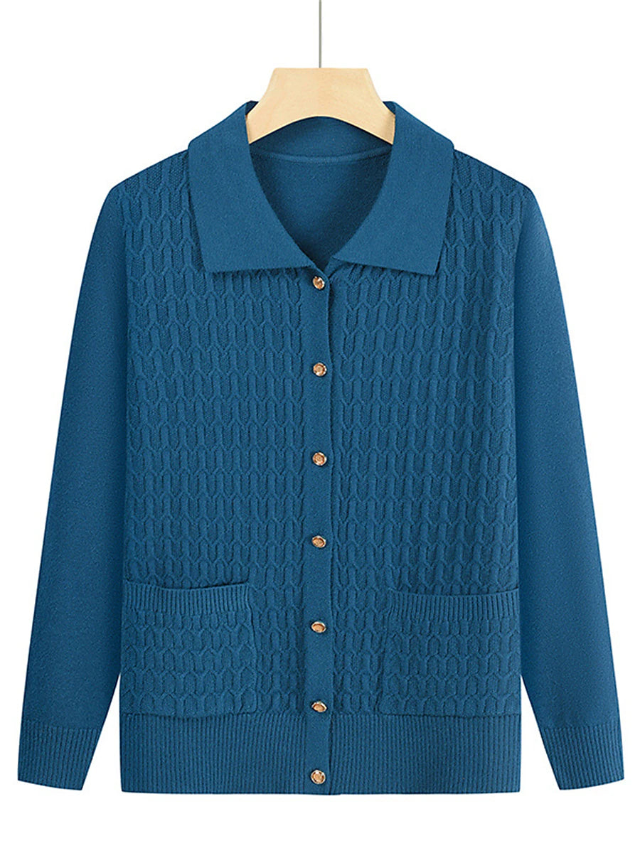 Women's Cardigan Shirt Collar Cable Knit Polyester Button Pocket Knitted Fall Winter Regular Outdoor Christmas New Year Fashion Casual Soft Long Sleeve Floral Red Purple Fuchsia XL 2XL 3XL