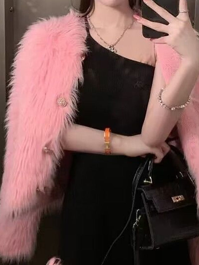 Women's Cardigan Sweater Crew Neck Ribbed Knit Polyester Imitation Mink Faux Fur Trim Fall Winter Daily Going out Weekend Stylish Casual Soft Long Sleeve Solid Color Black White Pink One-Size