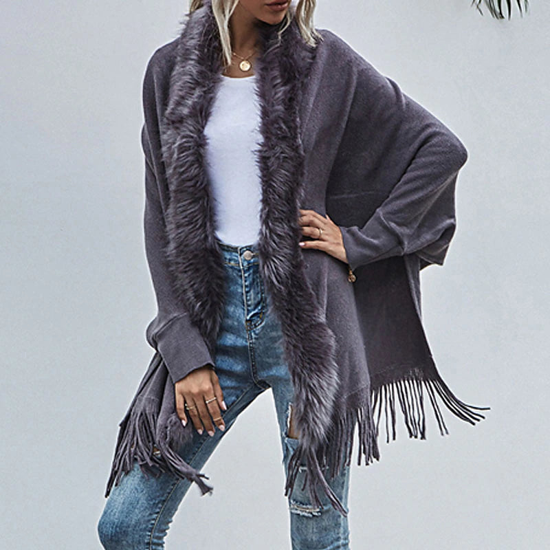 Women's Poncho Sweater Open Front Ribbed Knit Acrylic Tassel Knitted Fall Winter Tunic Outdoor Daily Going out Stylish Casual Soft Long Sleeve Pure Color Black Pink Wine S M L