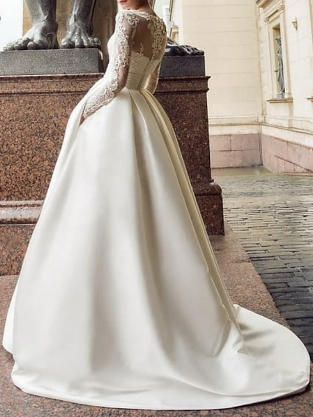 Engagement Vintage Formal Wedding Dresses Ball Gown Illusion Neck Long Sleeve Court Train Satin Bridal Gowns With Appliques Pocket 2023 Summer Wedding Party, Women's Clothing - LuckyFash™