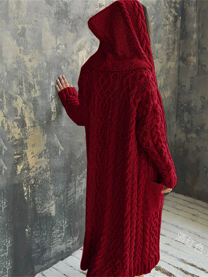 Women's Cardigan Sweater Hooded Cable Knit Polyester Pocket Hooded Fall Winter Long Outdoor Daily Going out Stylish Casual Soft Long Sleeve Solid Color Black Yellow Pink S M L