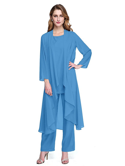 Jumpsuit / Pantsuit Mother of the Bride Dress Plus Size Elegant Bateau Neck Floor Length Chiffon Sleeveless yes with Solid Color 2023 - LuckyFash™