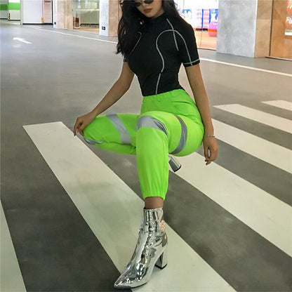 Women's Fashion Jogger Chinos Jogging Pants Side Pockets Elastic Waist Reflective Strip Ankle-Length Pants Casual Weekend Plain Comfort Mid Waist Green S M L XL