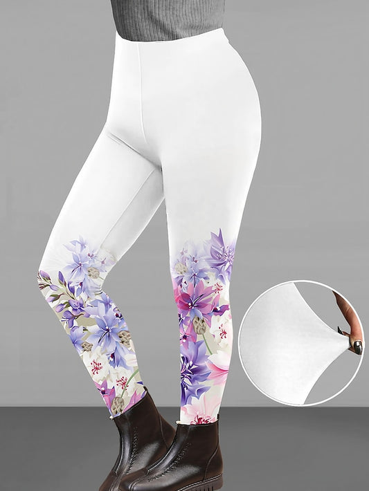 Women's Leggings Normal 65% Polyester Floral Transparent Purple Light Gray Designer High Rise Ankle-Length Casual Daily Wear Spring, Fall, Winter, Summer