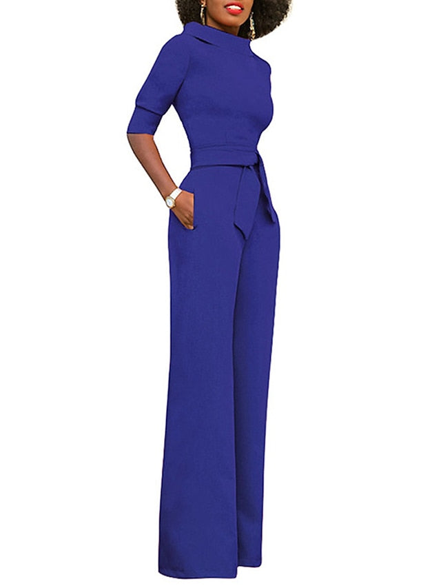 Jumpsuits for Women Summer Dressy Clean Fit Pocket High Waist Solid Color Stand Collar Business Office Work Regular Fit Half Sleeve Black White Yellow S M L - LuckyFash™