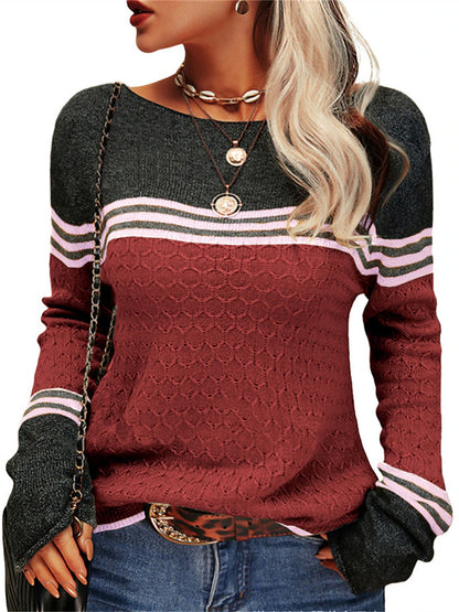 Women's Pullover Sweater Jumper Crew Neck Ribbed Knit Acrylic Patchwork Fall Winter Regular Outdoor Daily Going out Stylish Casual Soft Long Sleeve Color Block Striped Black White Pink S M L