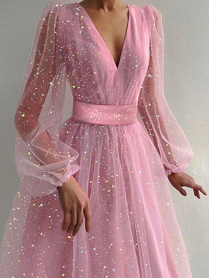 Women's Dress - Party Dress Wedding Guest Swing Dress Midi Dress Pink Short Sleeve Pure Color Sequins Mesh Spring Fall V Neck Hot Elegant Romantic Party 2023 S M L XL