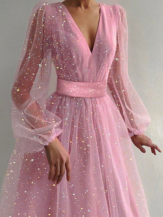Women's Dress - Party Dress Wedding Guest Swing Dress Midi Dress Pink Short Sleeve Pure Color Sequins Mesh Spring Fall V Neck Hot Elegant Romantic Party 2023 S M L XL