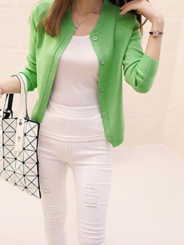 Women's Cardigan Sweater Crew Neck Ribbed Knit Acrylic Button Fall Winter Short Daily Going out Weekend Stylish Casual Soft Long Sleeve Solid Color Black Yellow Pink S M L