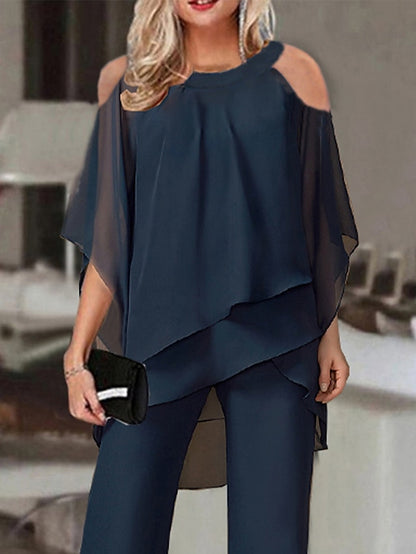Jumpsuits for Women Summer Dressy Solid Color Round Neck Business Party Office Elegant  Straight Regular Fit Half Sleeve Cold Shoulder Navy Blue S M L - LuckyFash™