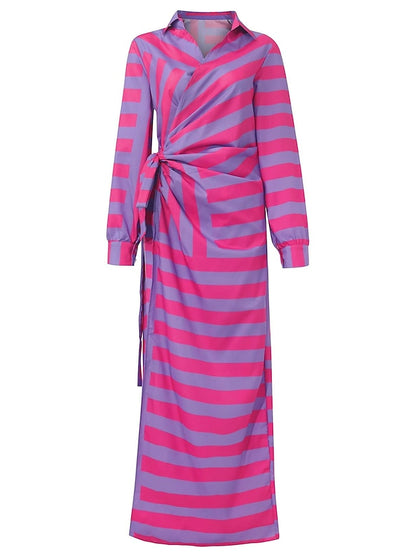 Women's Dress - Shirt Dress Bodycon Wrap Dress Maxi long Dress Outdoor Daily Polyester Fashion Boho Shirt Collar Ruched Split Long Sleeve Summer Fall Spring 2023 Regular Fit Purple Orange Green