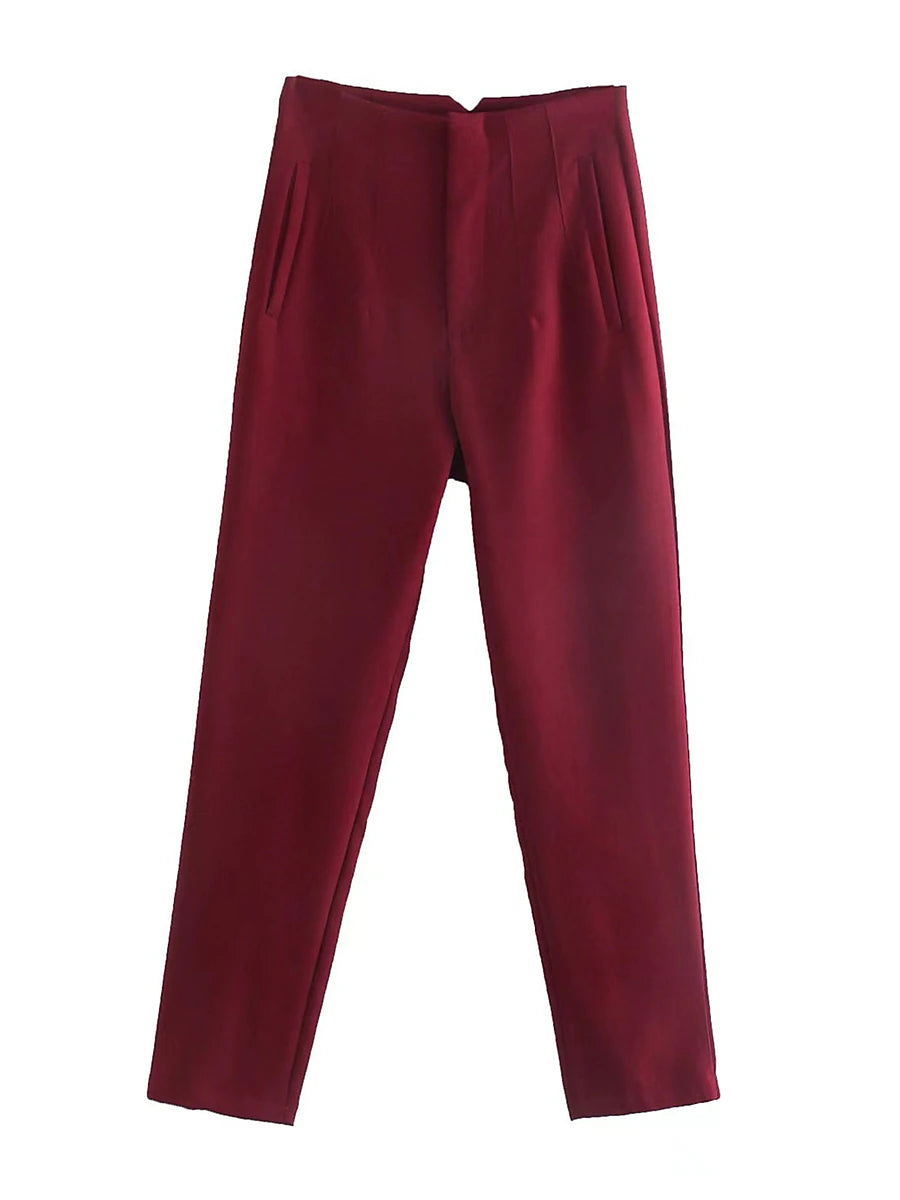 Women's Dress Pants Polyester Solid Color claret Orange red Fashion High Waist Full Length Office Street Fall Winter