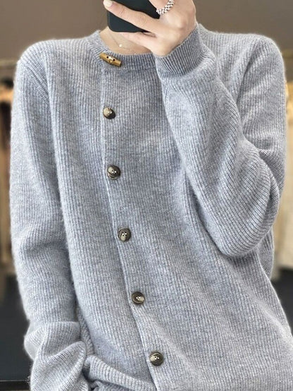 Women's Cardigan Sweater Crew Neck Ribbed Knit Polyester Patchwork Button Fall Winter Regular Daily Going out Weekend Stylish Casual Soft Long Sleeve Solid Color Black Beige Gray S M L